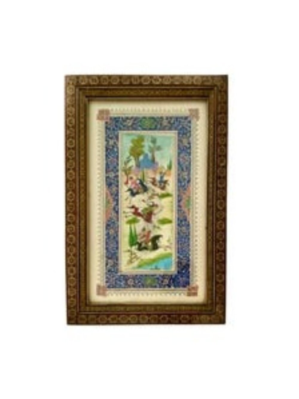 Painting Persian Art Hunting Scene Mosaic Frame Vintage Folk Art Decor